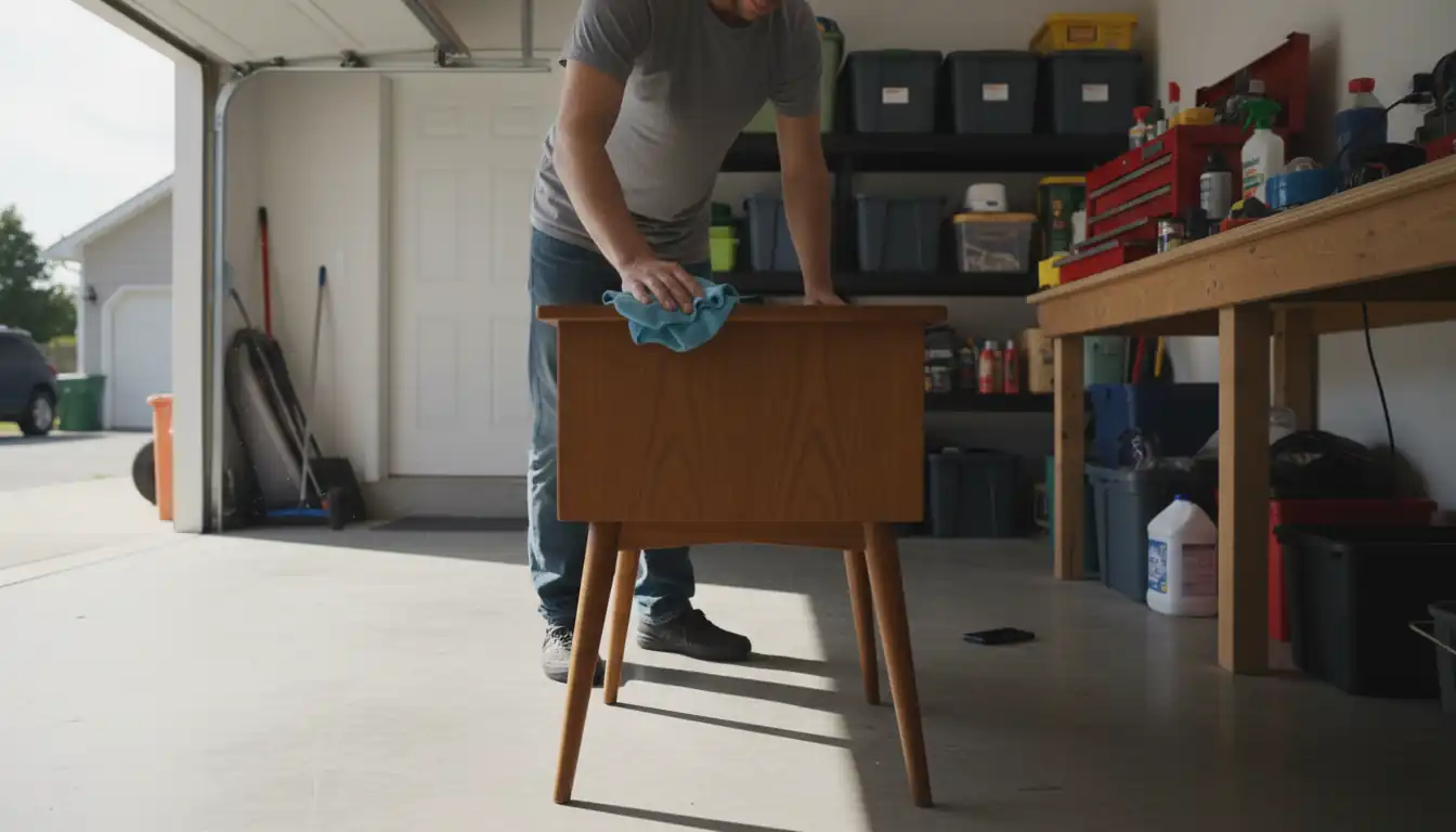 A person cleaning a mid-century modern wooden table in a bright garage with natural daylight.