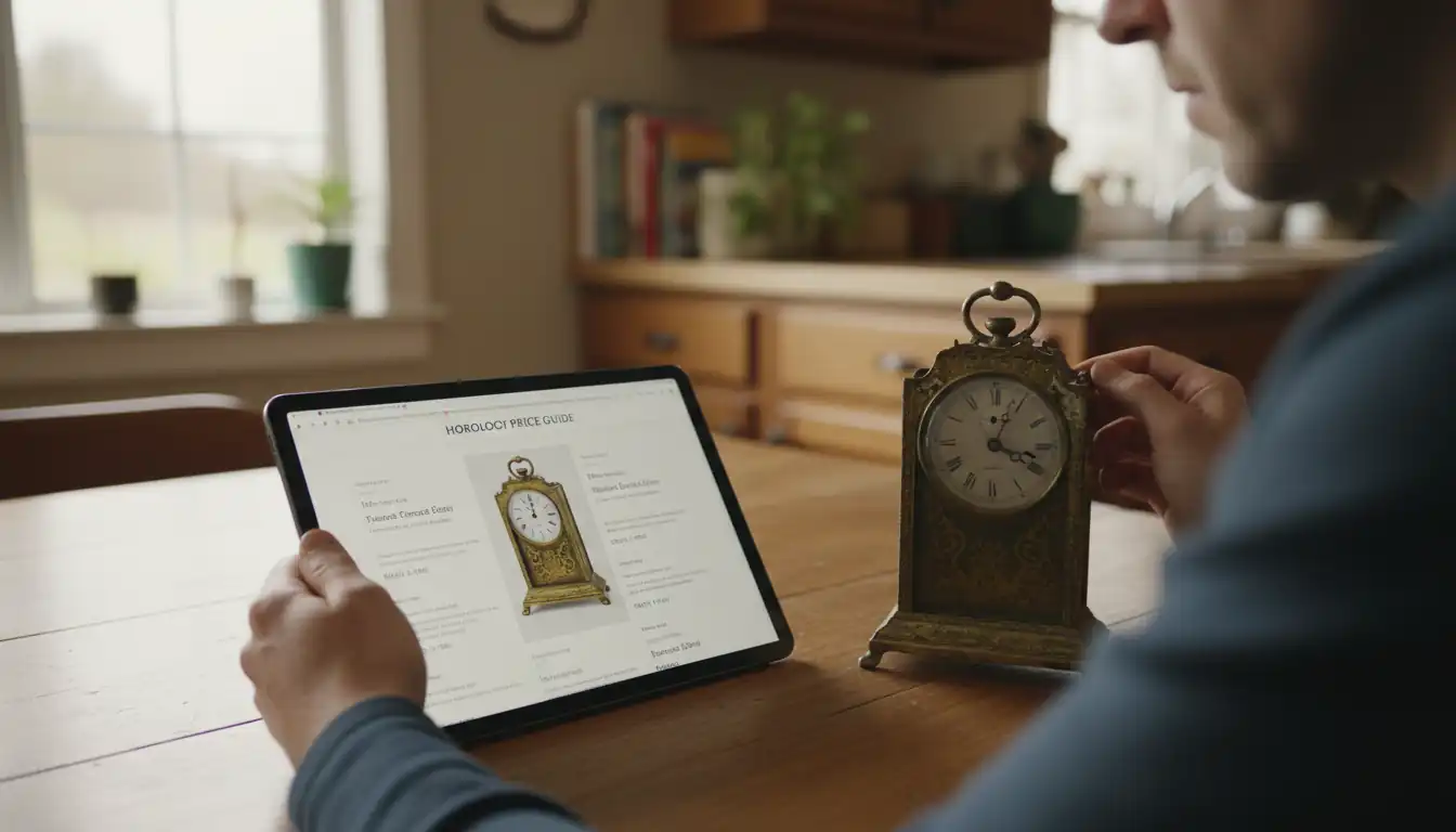 A person using a tablet to compare a vintage brass clock with online price listings at a table.