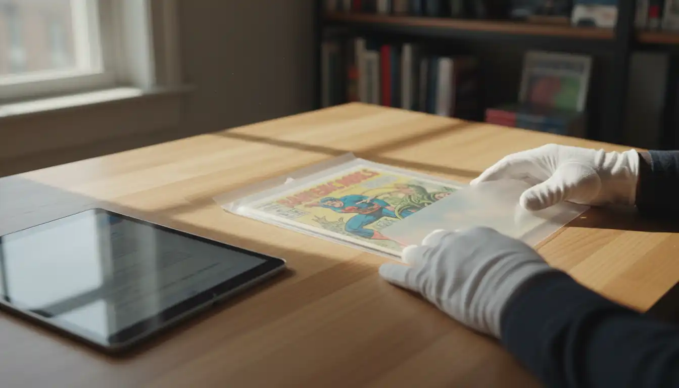 Person wearing white archival gloves carefully placing a vintage comic book into a protective plastic sleeve.