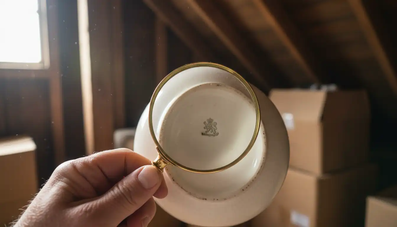 Close-up of a hand using a magnifying glass to inspect a maker's mark on an antique vase.