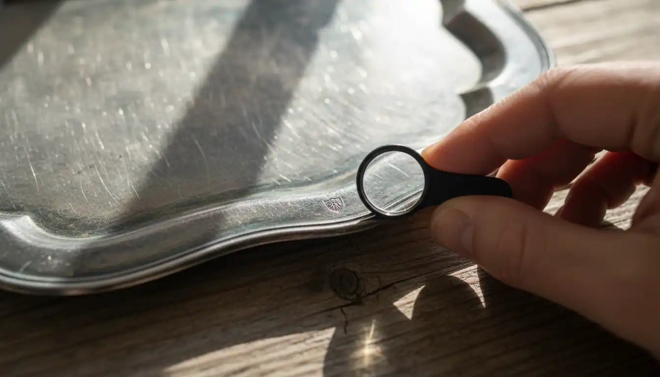 Close-up of a person using a jeweler's loupe to examine hallmarks on a tarnished silver tray.