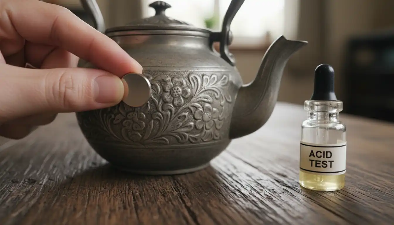 A person testing an antique metal teapot with a magnet and acid solution on a wooden table.