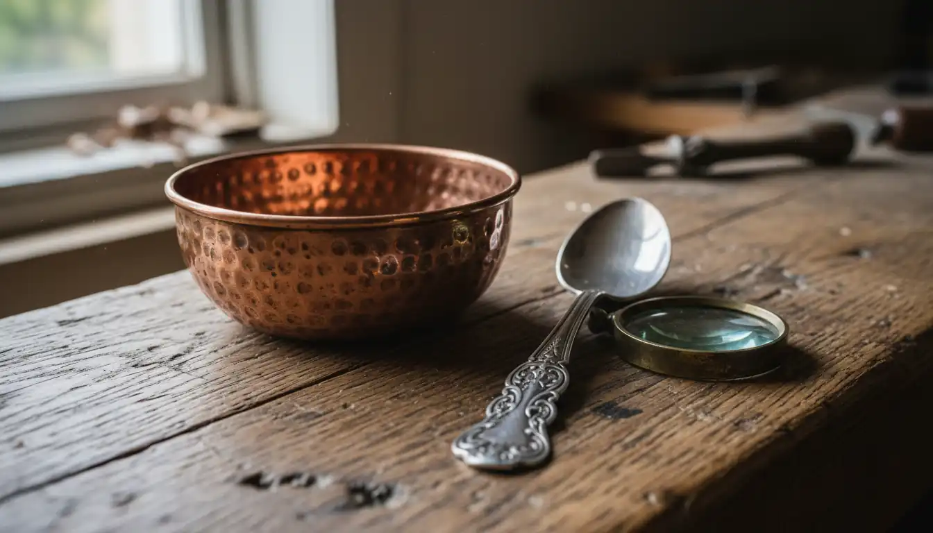 Close-up of antique copper and silver items on a wooden workbench showing various metalworking textures.