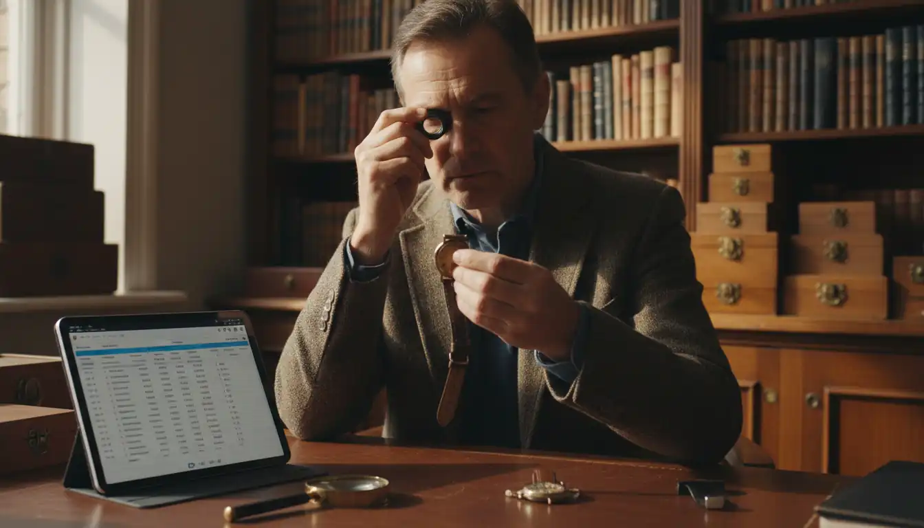 A collector using a jeweler's loupe to examine a vintage watch next to a tablet.