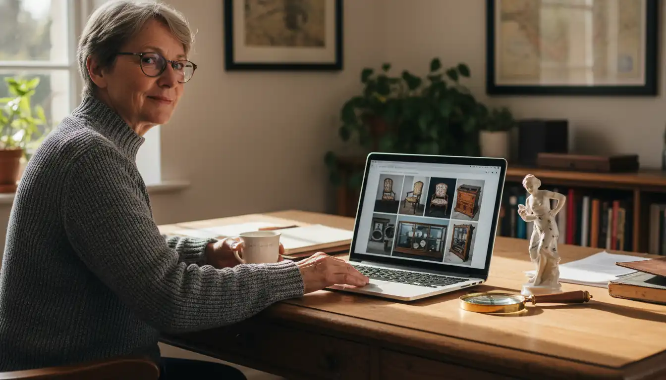 A person using a laptop at a desk to manage a digital portfolio of antique items.