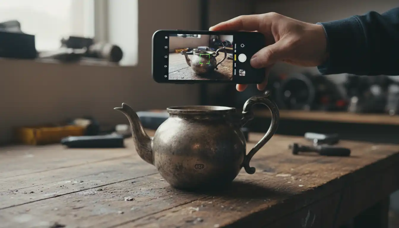 Person using a smartphone to photograph a vintage silver teapot on a wooden workbench for identification.