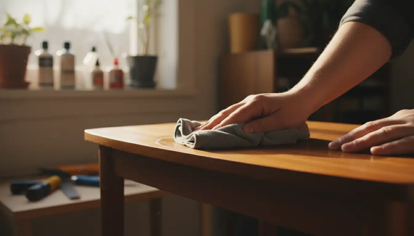 Close-up of hands carefully polishing a vintage wooden table with a microfiber cloth in natural light.