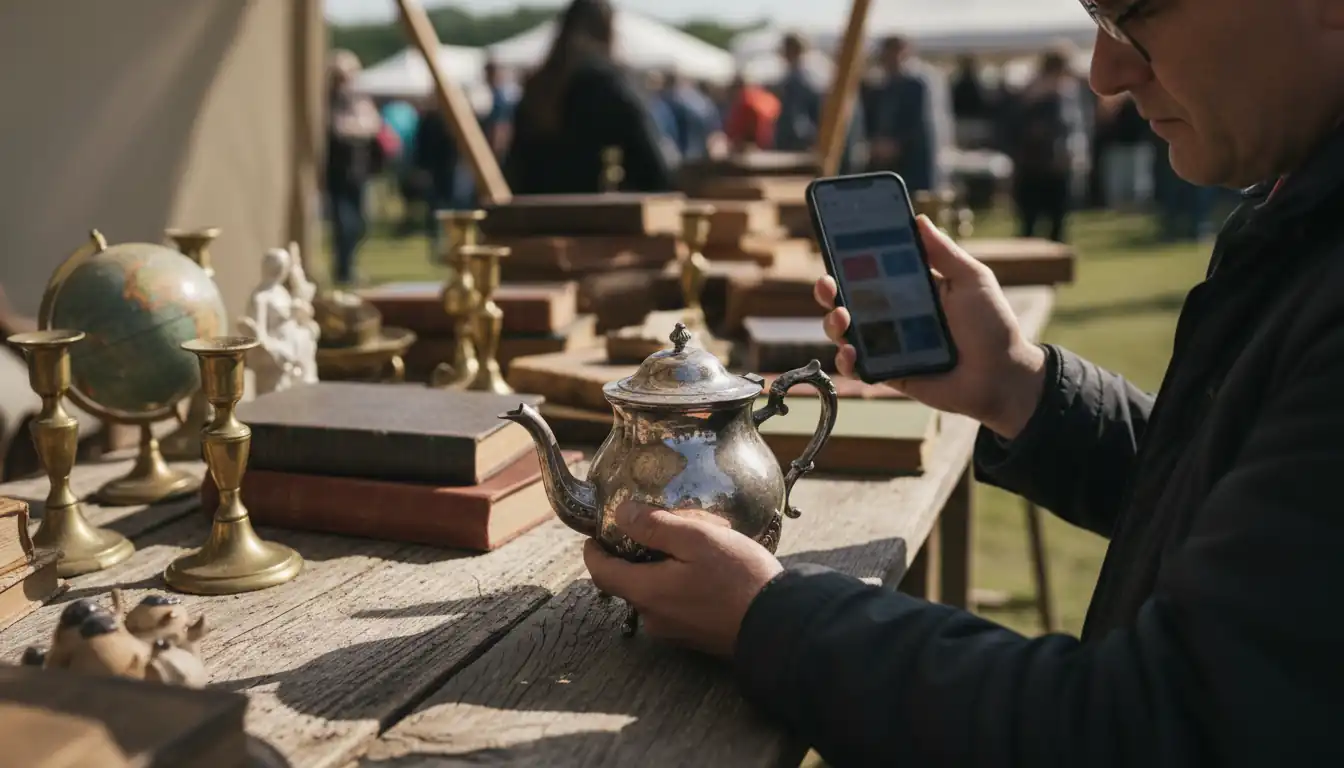 A person researching the value of a silver teapot on a smartphone at an antique market.