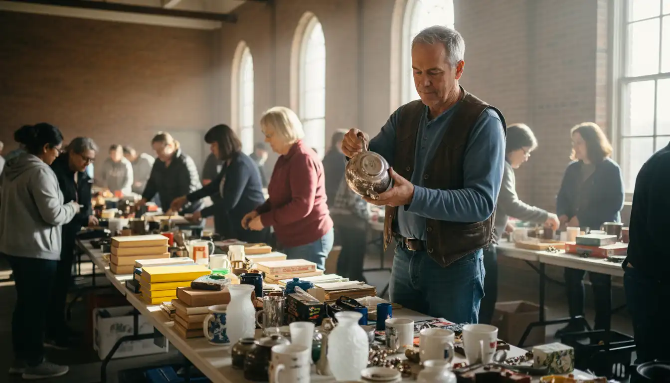 A person inspecting a vintage silver teapot at a crowded community center rummage sale.