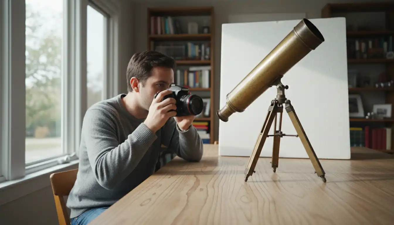 A person photographing a vintage brass telescope on a wooden table for an online sales listing.