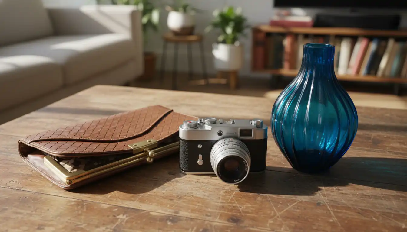 A collection of vintage resale items including a film camera, blue glass vase, and leather wallet on a wooden table.