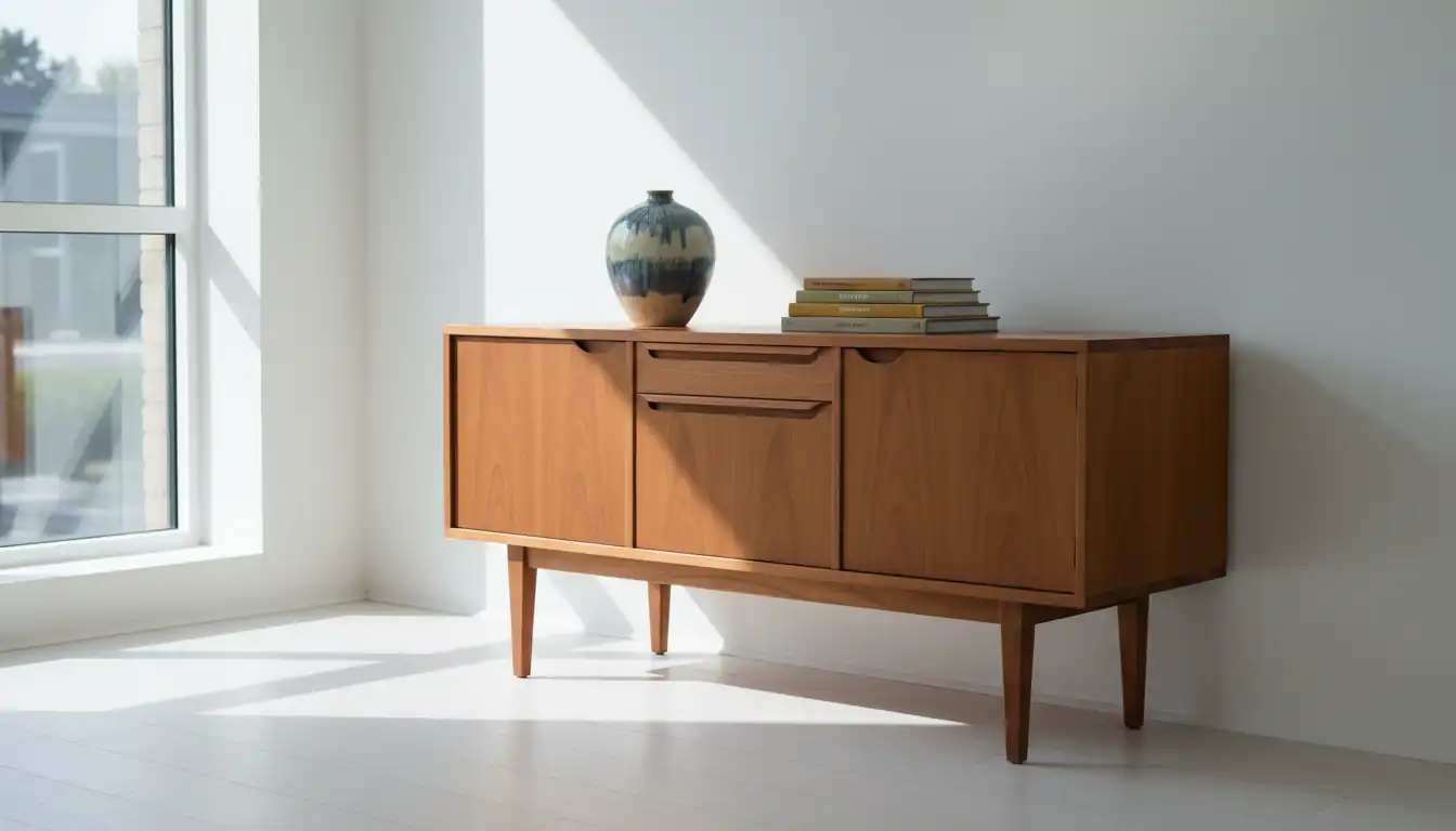 A mid-century modern teak sideboard in a bright living room with a ceramic vase on top.