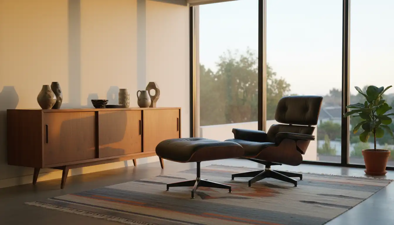 An authentic Eames lounge chair and ottoman in a sunlit mid-century modern living room.