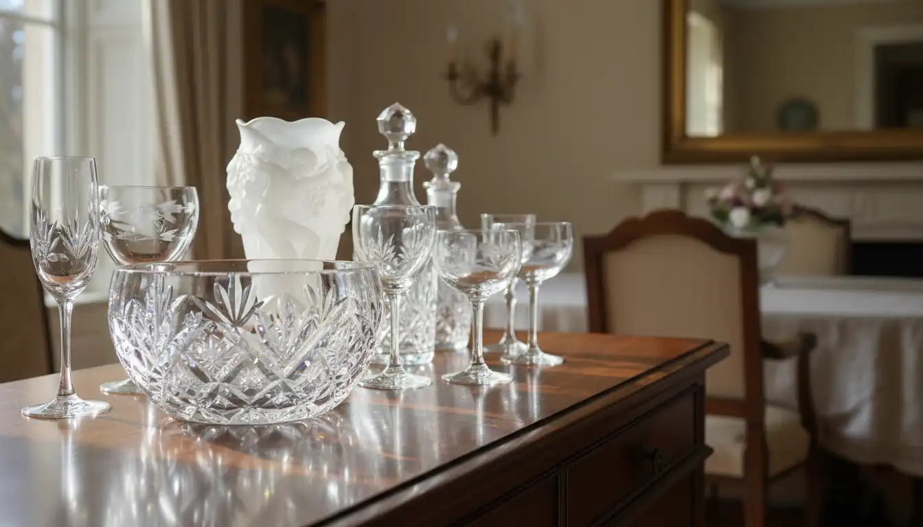 Collection of vintage crystal glassware and vases displayed on a dark wood sideboard in natural light.