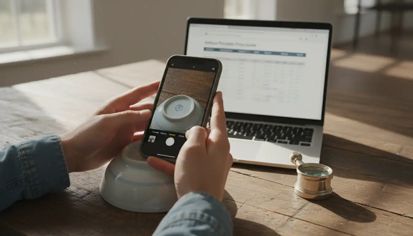 A person using a smartphone and laptop to research a vintage porcelain bowl on a wooden table.