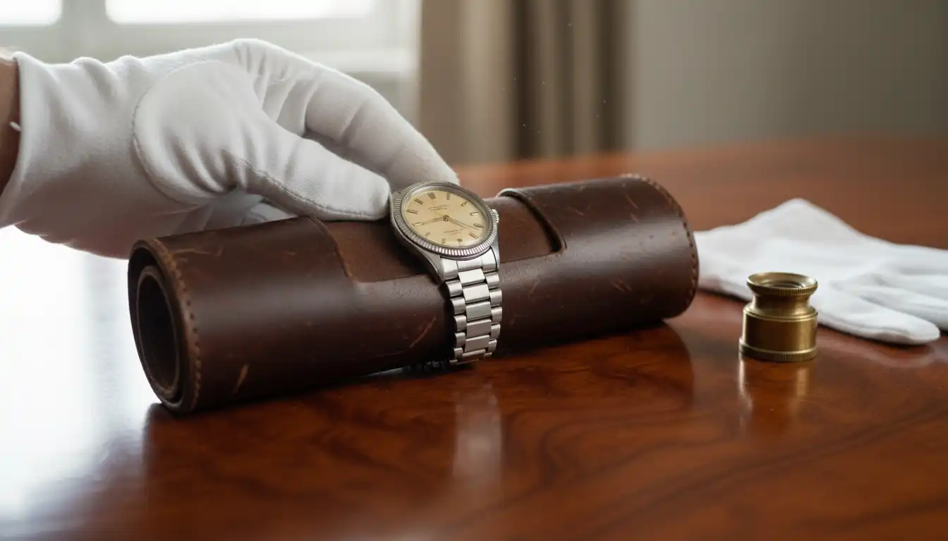 A vintage wristwatch being placed into a leather storage roll on a wooden desk with jeweler's gloves nearby.