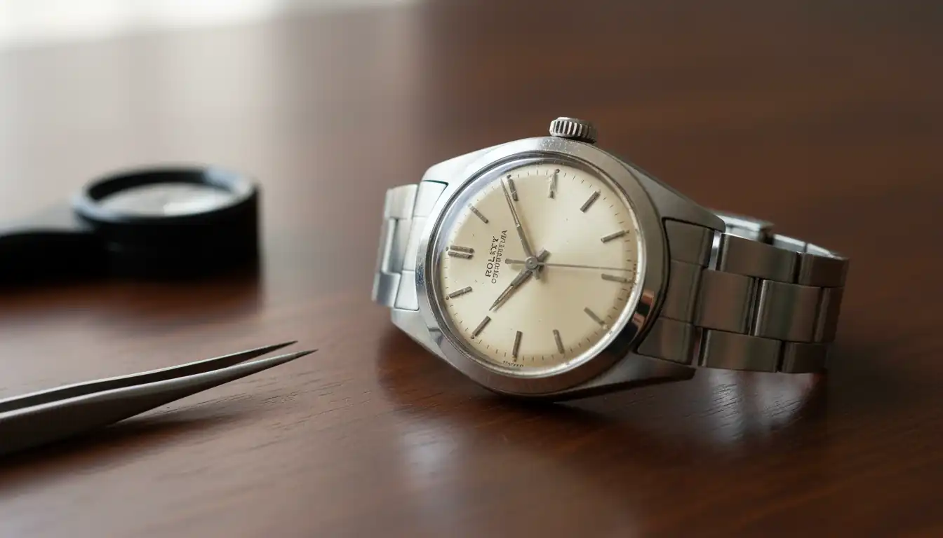 Close-up of a vintage stainless steel watch with a cream patina dial on a wooden desk next to a jeweler's loupe.