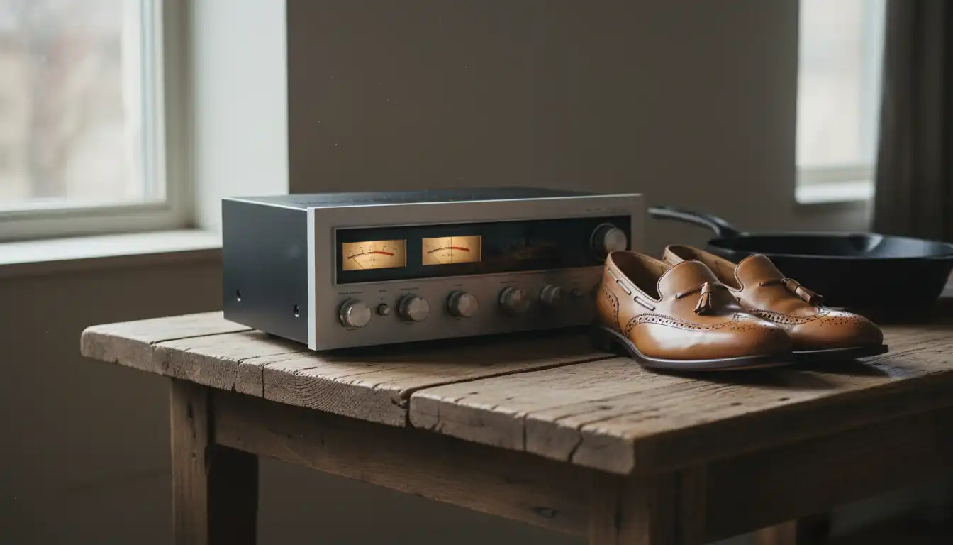 Vintage stereo receiver, leather loafers, and a cast iron skillet on a wooden table.