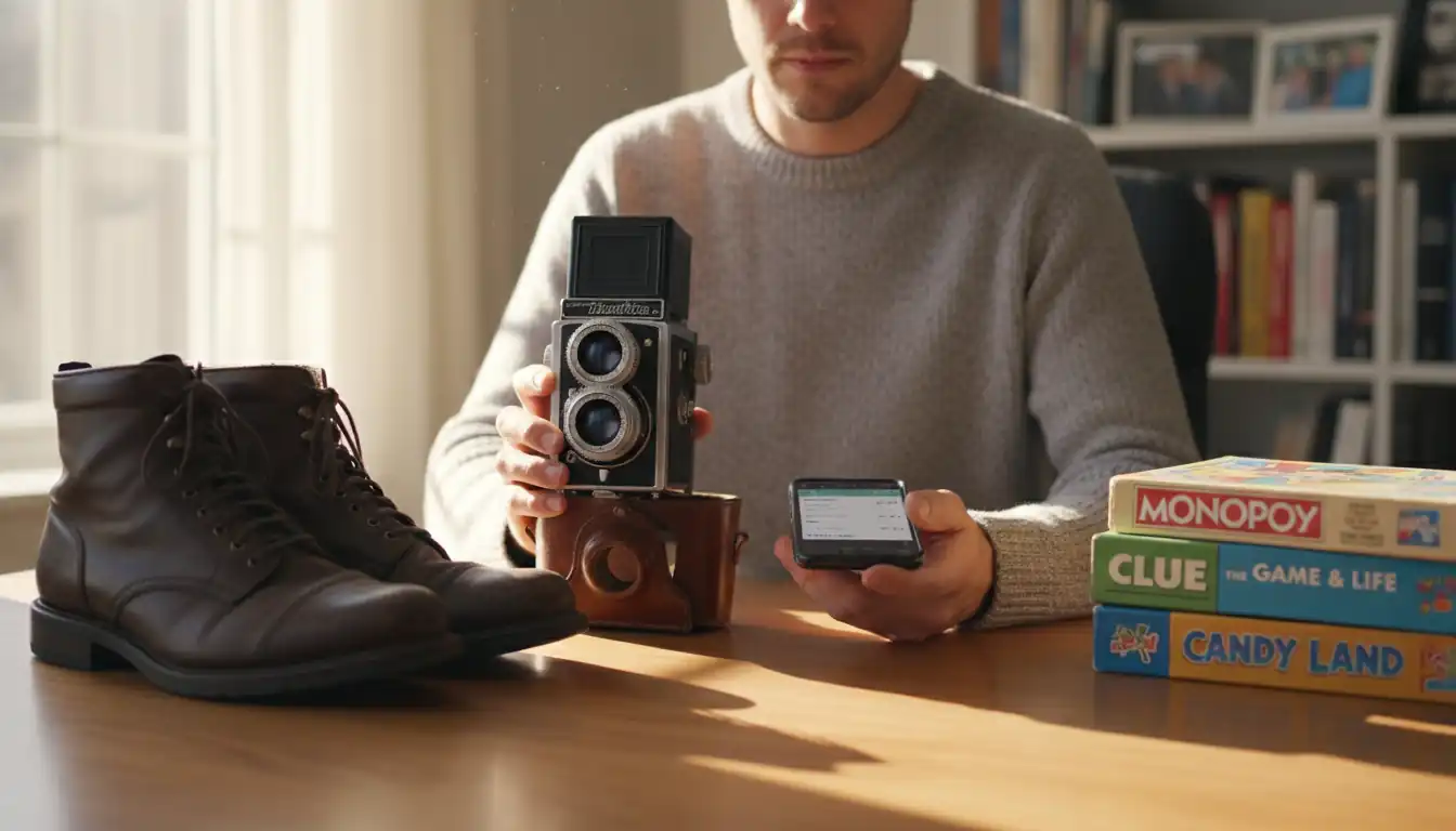 A person at a desk researching the resale value of a vintage camera and thrifted goods.