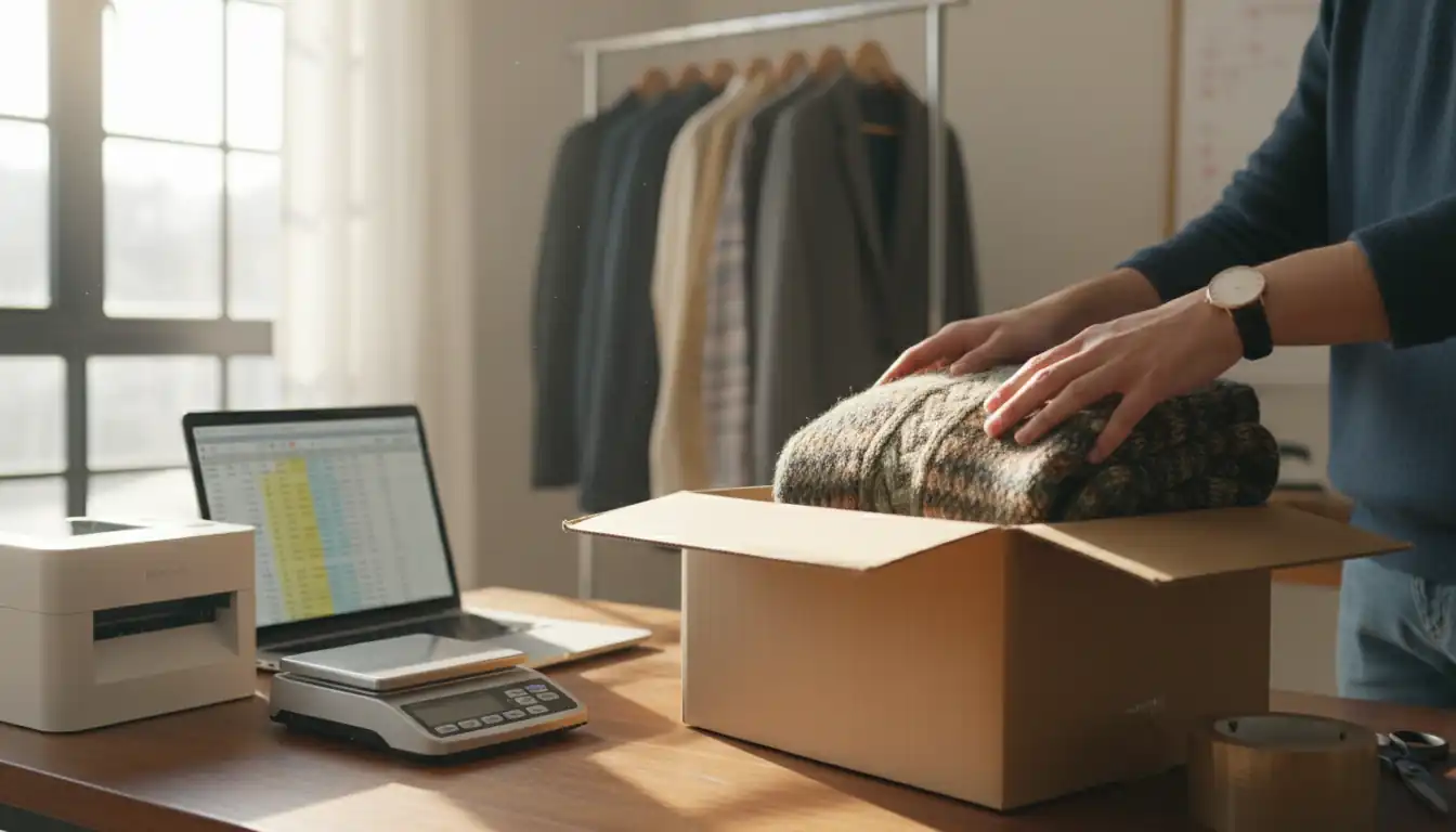 A person organizing a home reselling station with a shipping scale, label printer, and inventory.