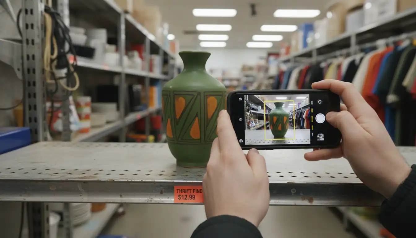 A person using a smartphone to identify a vintage ceramic vase on a thrift store shelf.