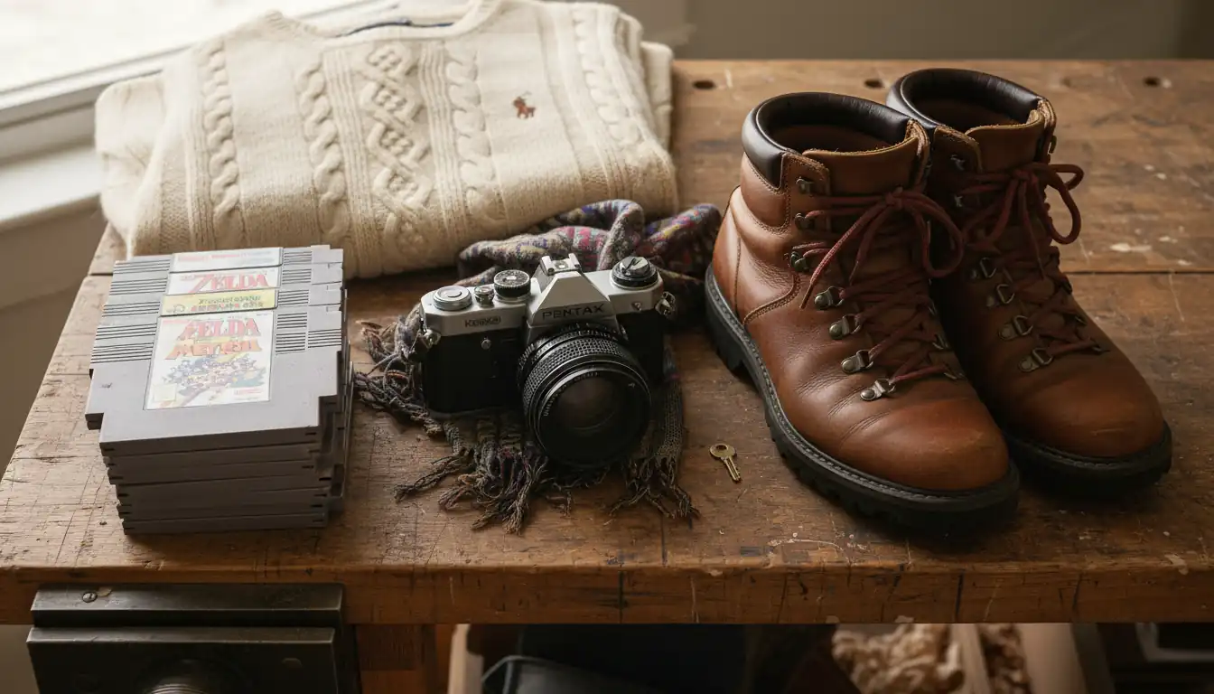 A collection of profitable thrifted items including a vintage camera, leather boots, and video games on a wooden table.