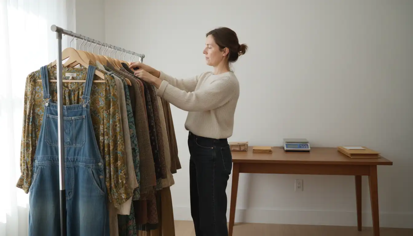 A person organizing a clothing rack in a tidy home office with shipping supplies on a desk.