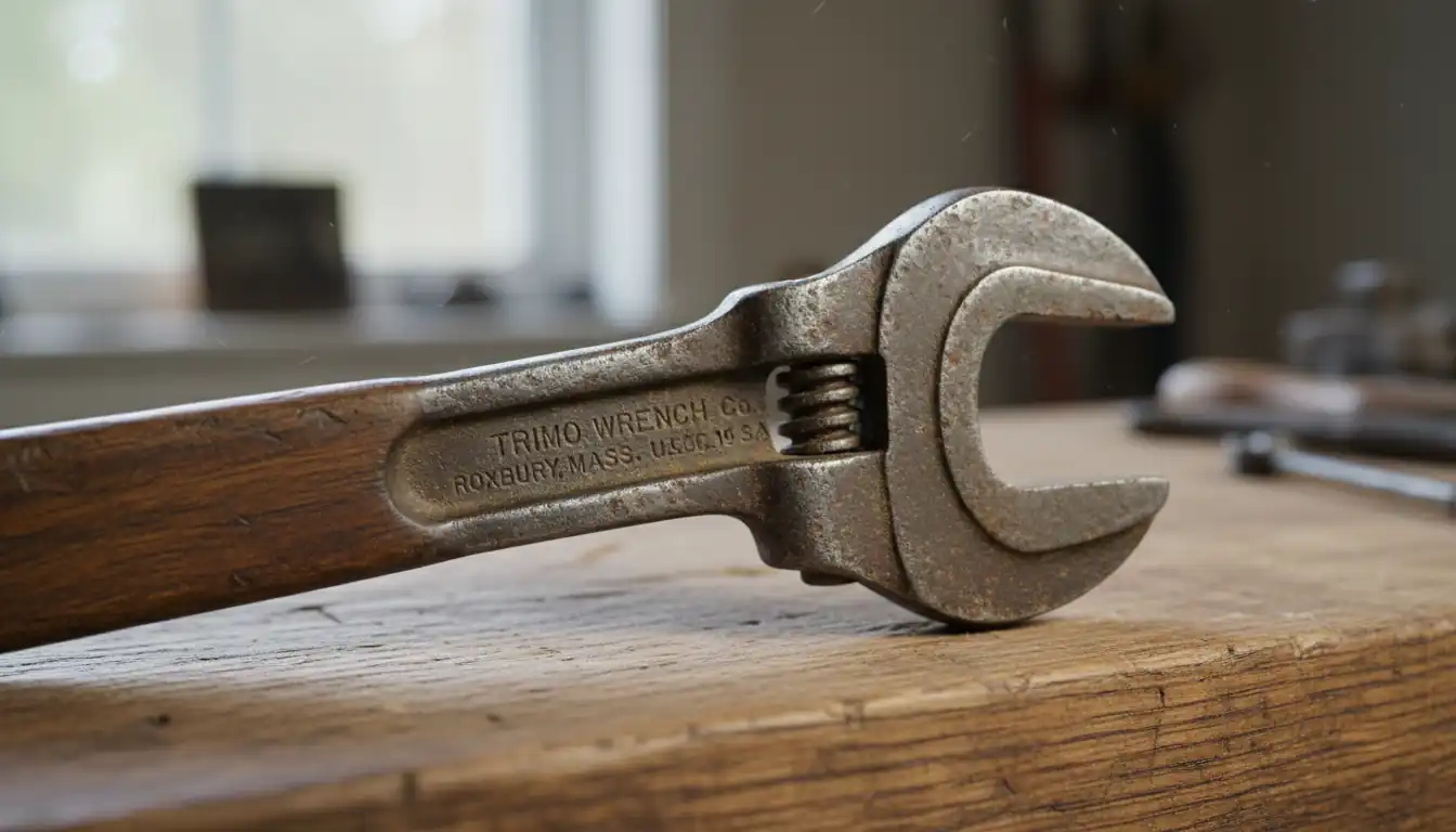 Close-up of an antique monkey wrench on a wooden workbench showing manufacturer stamps and metal patina.