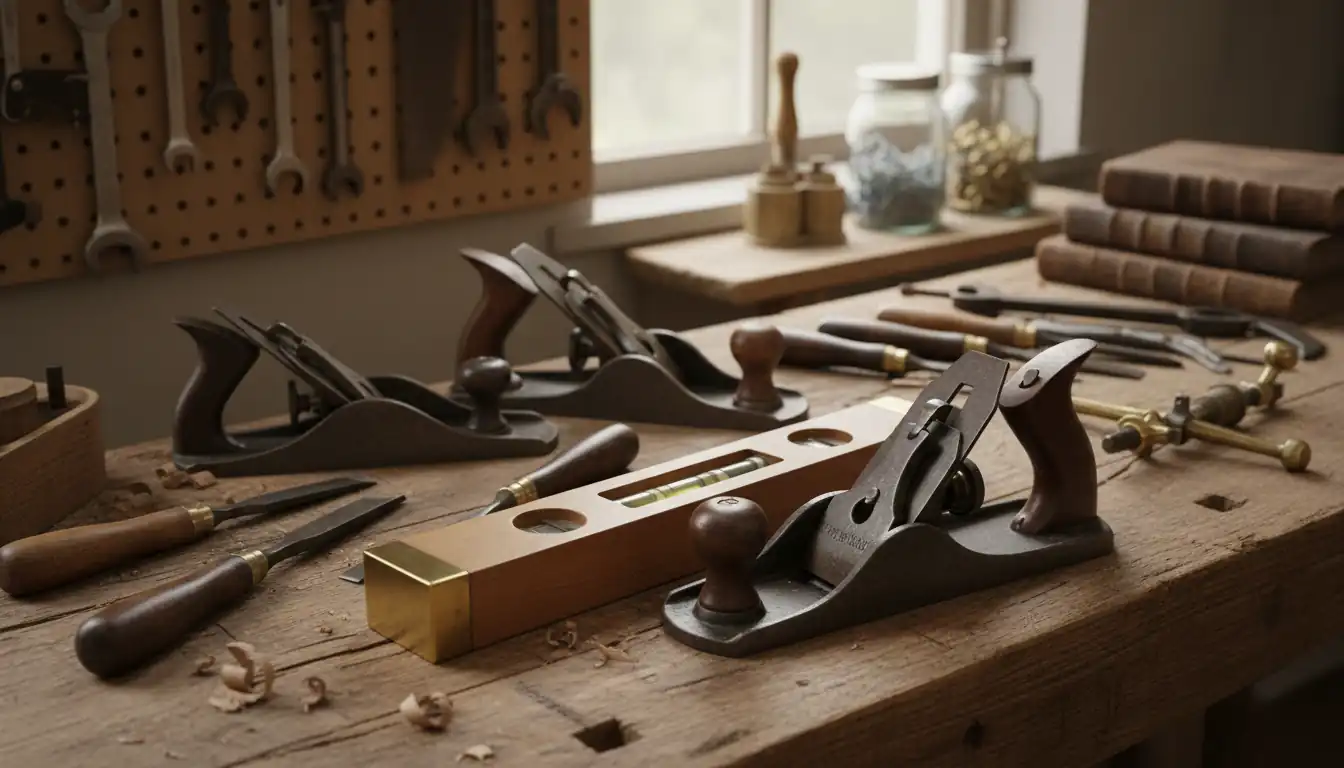 A collection of rare antique hand tools including a plane and level on a wooden workbench.