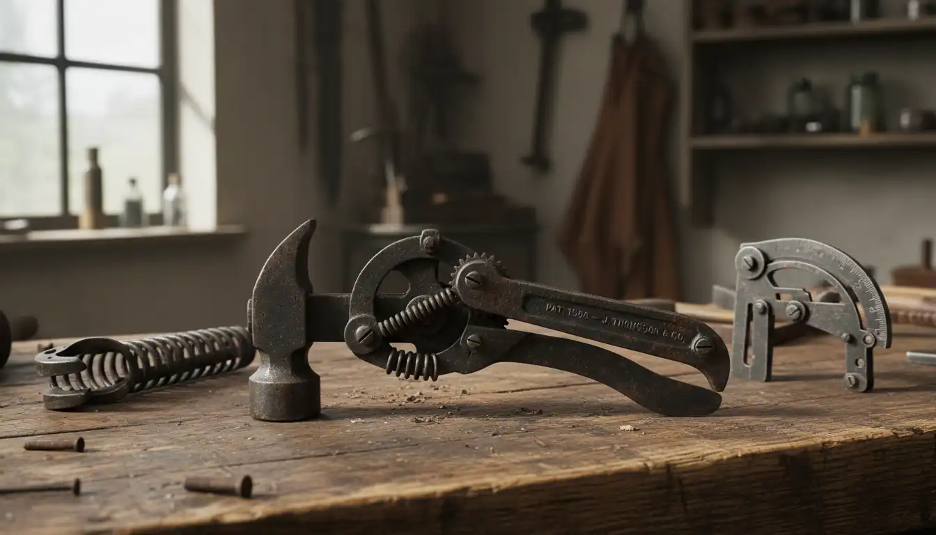 A collection of rare, uniquely shaped antique metal tools resting on a worn wooden workbench in a workshop.