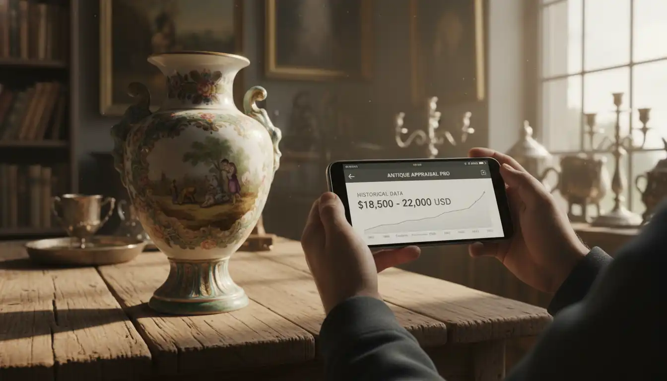 Person using an iPhone appraisal app to identify an antique porcelain vase in a sunlit shop.