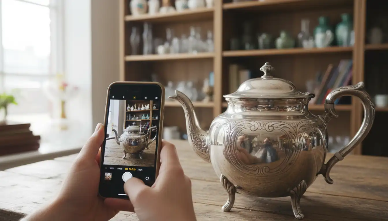 A person using an iPhone to photograph an ornate silver teapot in a sunlit antique shop.