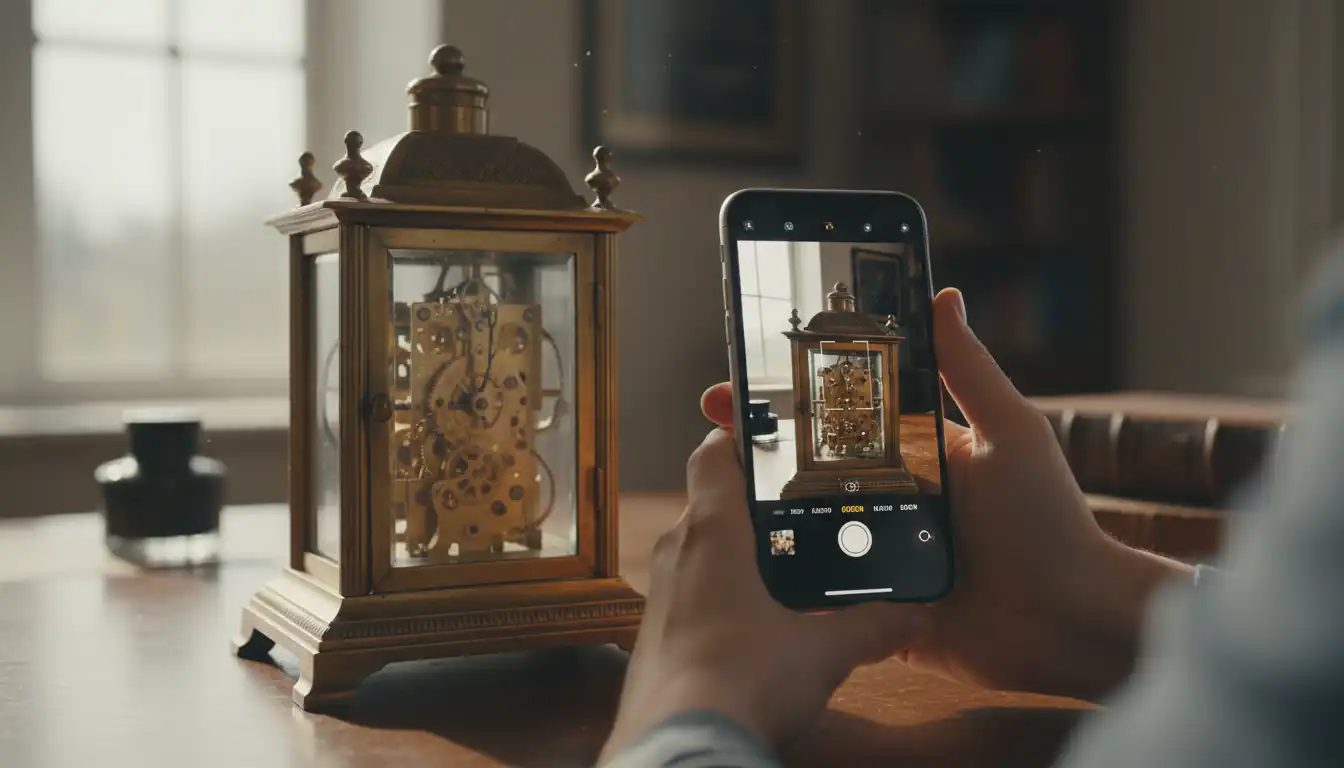 Person using an iPhone to photograph an antique brass clock on a wooden desk in natural light.