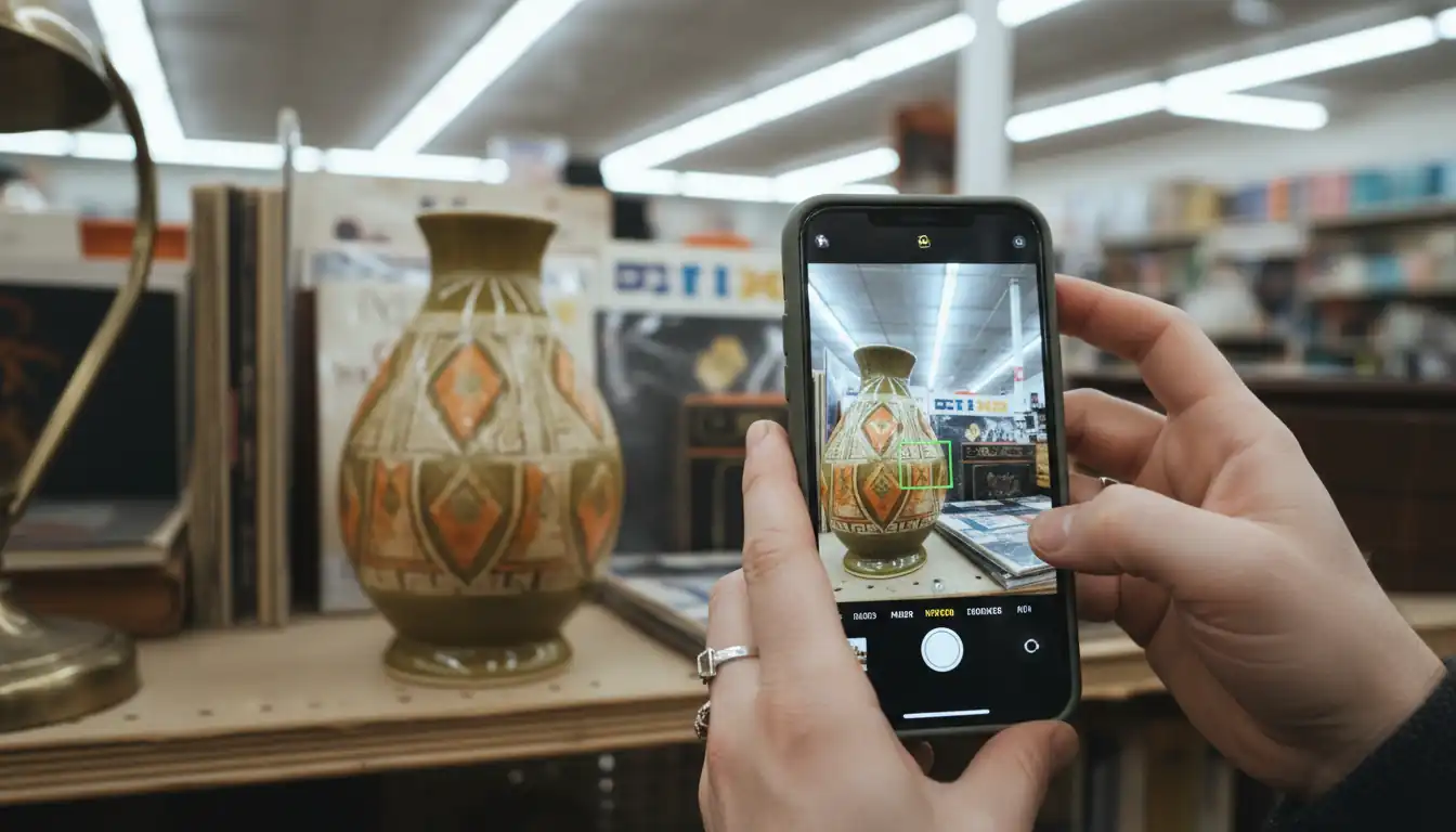 Close-up of a person using a smartphone to photograph a vintage vase in a thrift store.