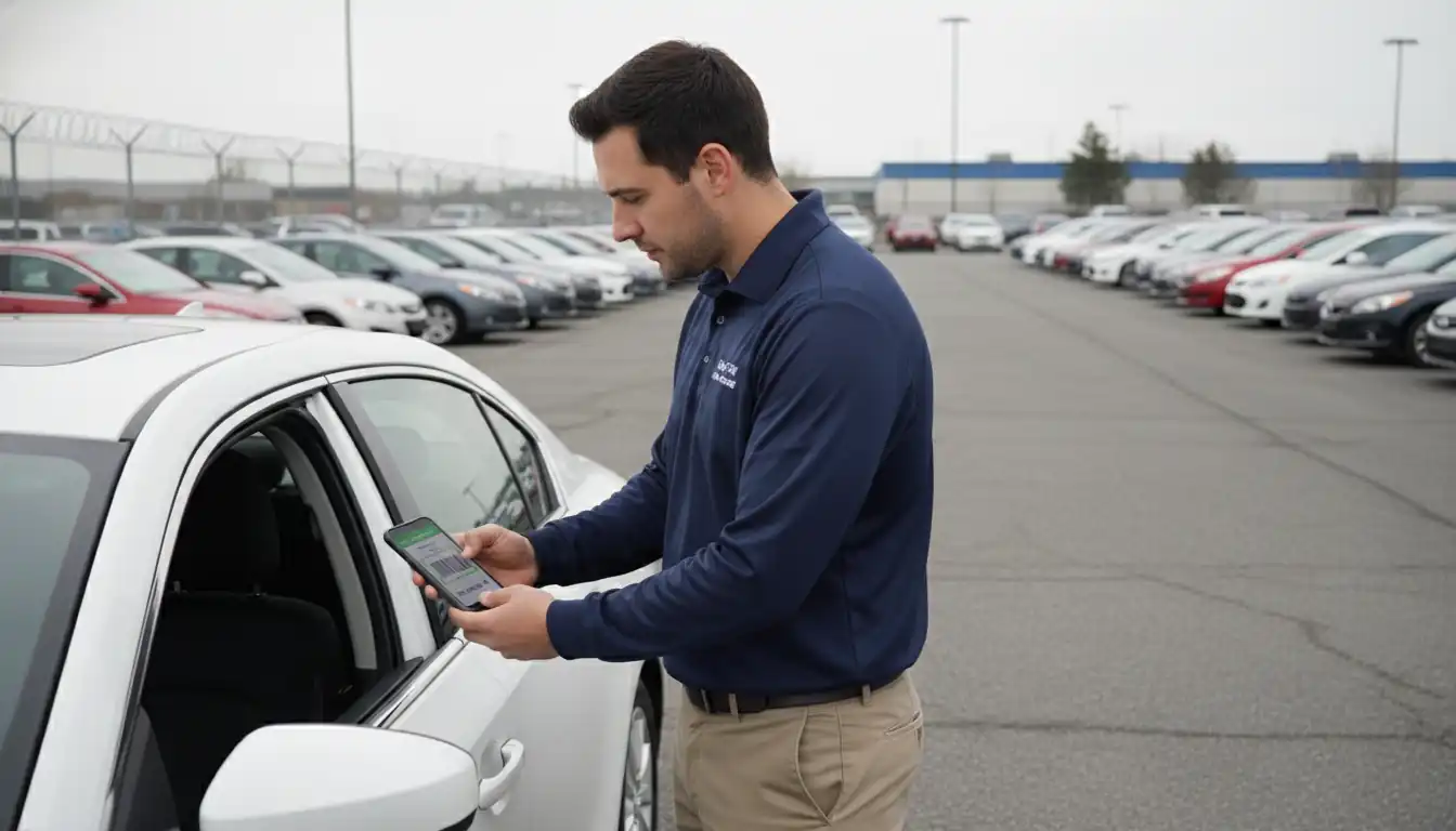 A car dealer using a smartphone to scan a VIN barcode on a white car in a lot.