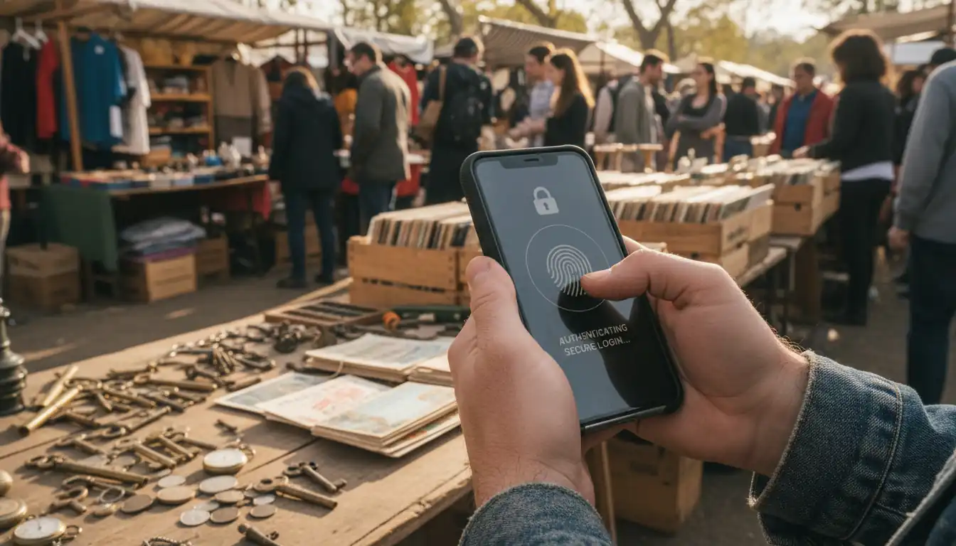 Close-up of a person using a smartphone to securely access data at a busy outdoor vintage market.