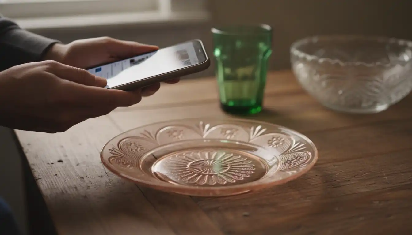 A person using a smartphone to research the market value of a pink Depression glass plate on a wooden table.