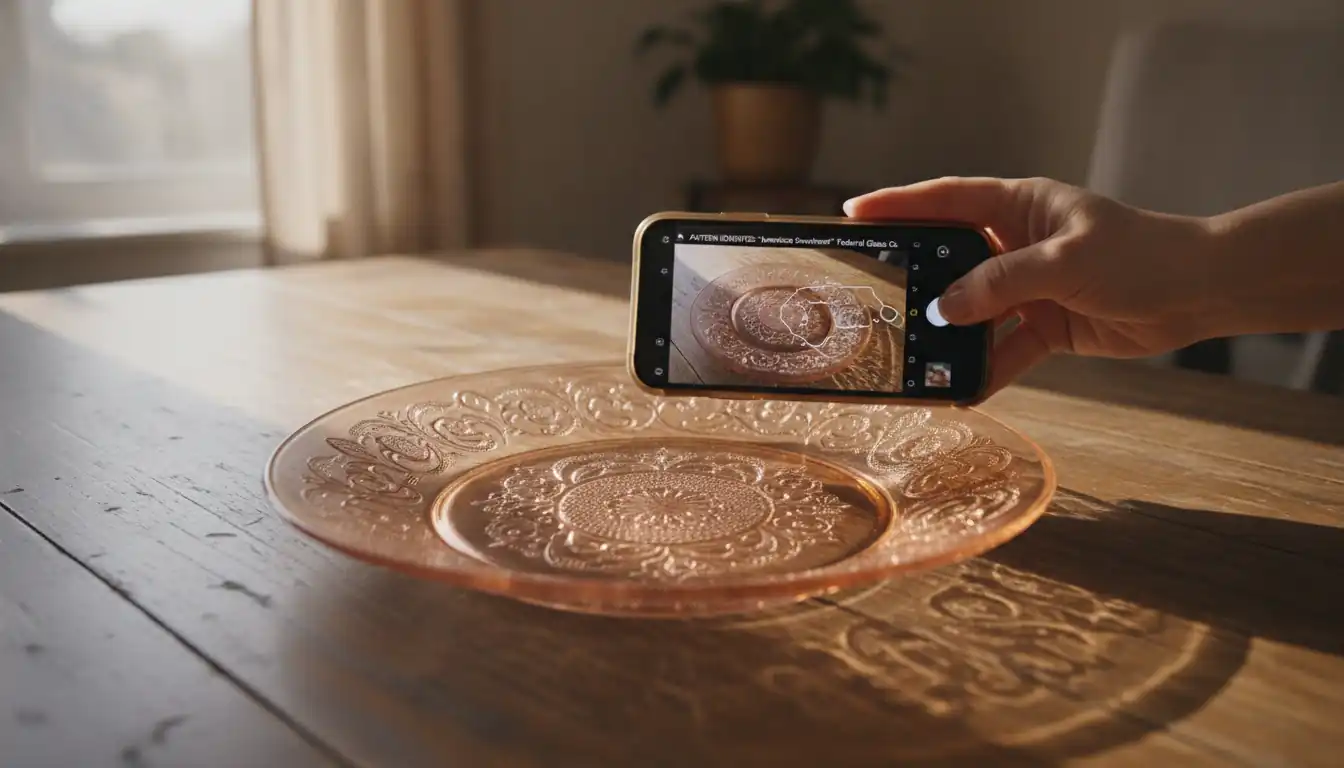 A person using a smartphone camera to identify a vintage pink Depression glass plate on a wooden table.