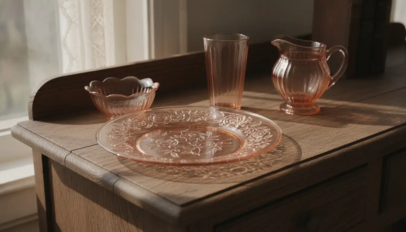 Intricate pink Depression glass plate and tumbler displayed on a wooden surface with natural window lighting.