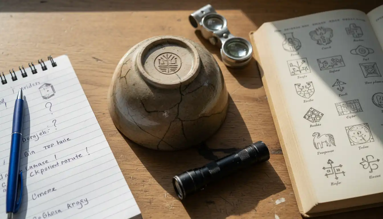 A wooden desk with a ceramic bowl, magnifying loupe, reference book, and notebook for identifying pottery marks.