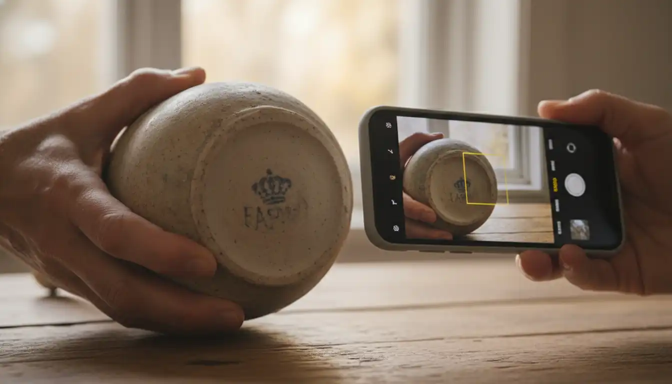 A person using a smartphone camera to identify a maker's mark on the bottom of a ceramic pitcher.