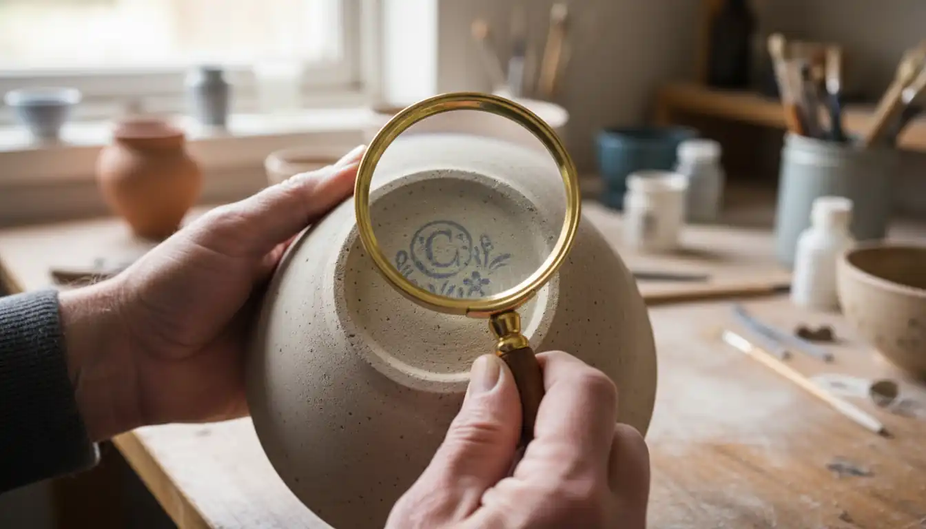 Close-up of hands using a magnifying glass to examine a blue mark on the bottom of a ceramic bowl.