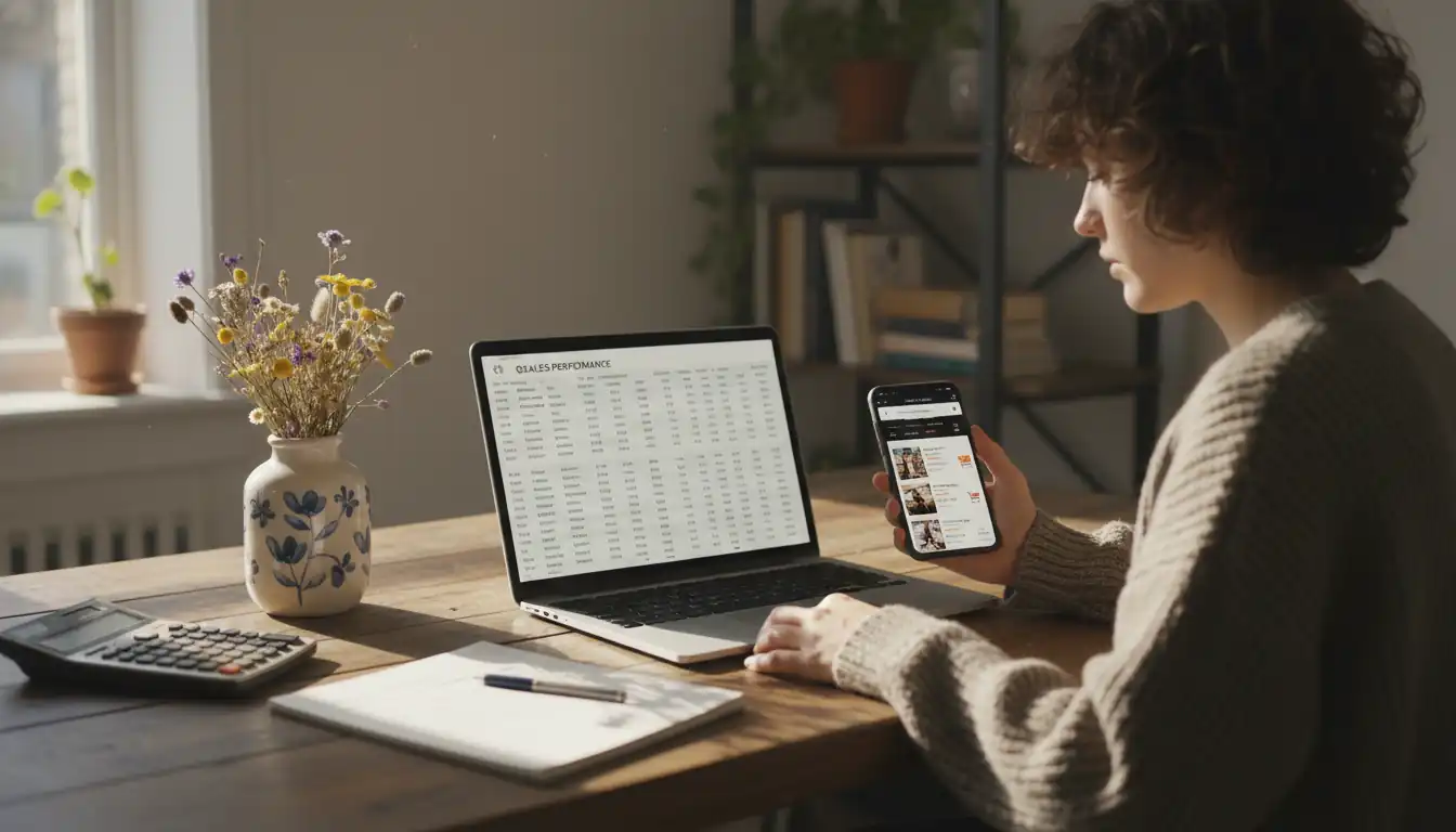 A person researching resale prices on a laptop and smartphone next to a vintage vase at a desk.