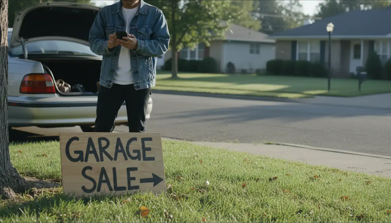 A person checking a navigation app on their phone while sourcing items at a neighborhood garage sale.