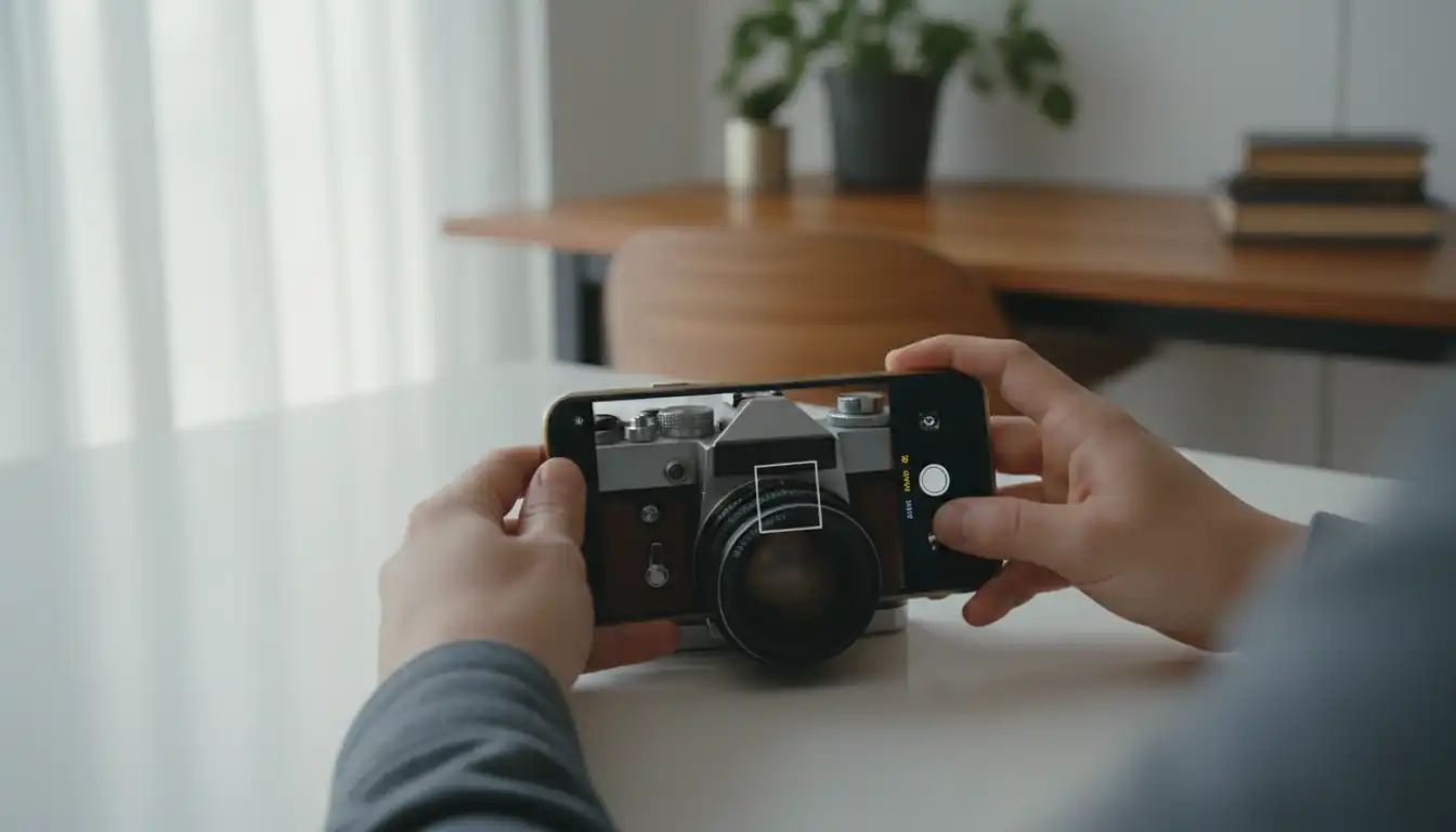 A person using a smartphone to photograph a vintage camera on a white tabletop for an online listing.