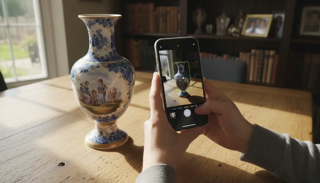 Hands holding an iPhone to photograph a vintage porcelain vase on a wooden table for a digital catalog.