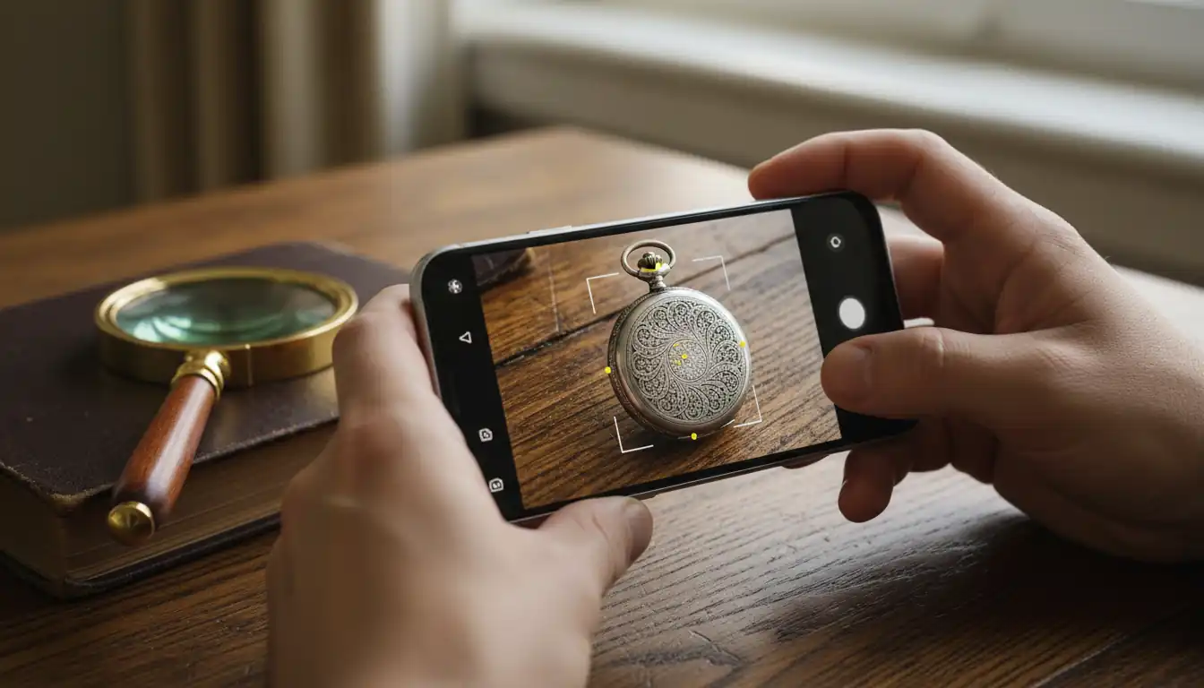 Hands holding a smartphone to photograph an antique silver pocket watch on a wooden desk.