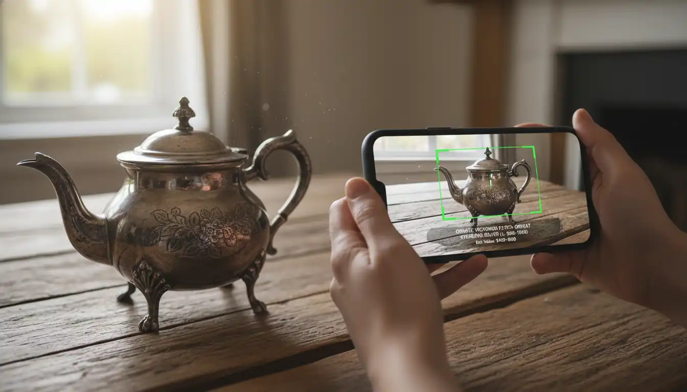 Person using a smartphone app to identify a vintage silver teapot on a wooden table.
