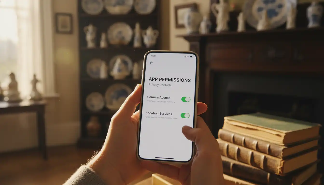 Person adjusting privacy settings on a smartphone while surrounded by antique items in a home.