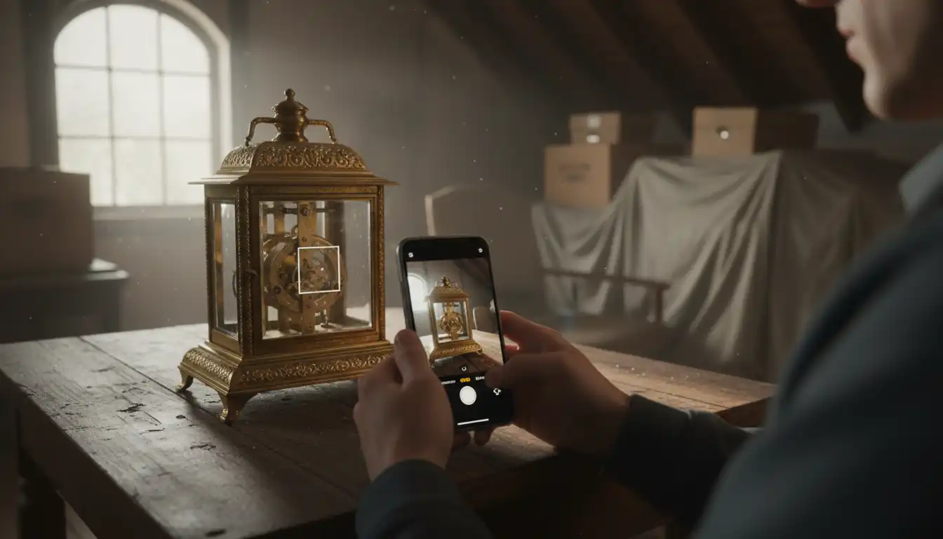 A person using a smartphone camera to identify a vintage brass carriage clock in a sunlit attic.